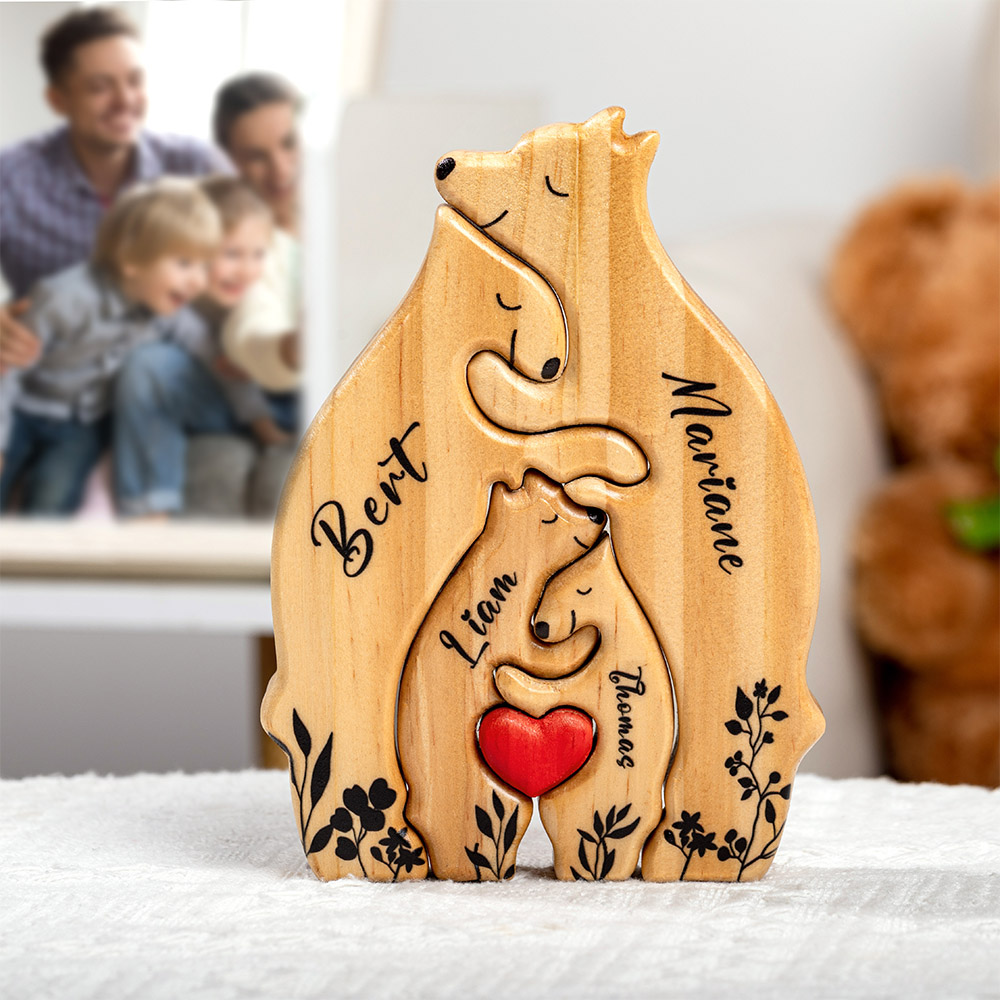 Personalisierte Bärenfamilie Holz-Puzzle – Mit 2-9 Namen, Als Tischdekoration Oder Familien-Geschenk