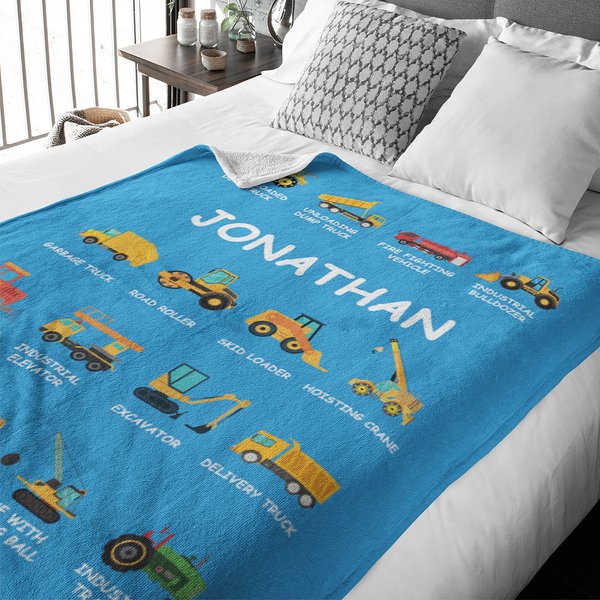Couverture avec Nom Personnalisé pour Garçon et Fille Qui Aiment les Camions et les Camions de Construction Décoration du Canapé-lit