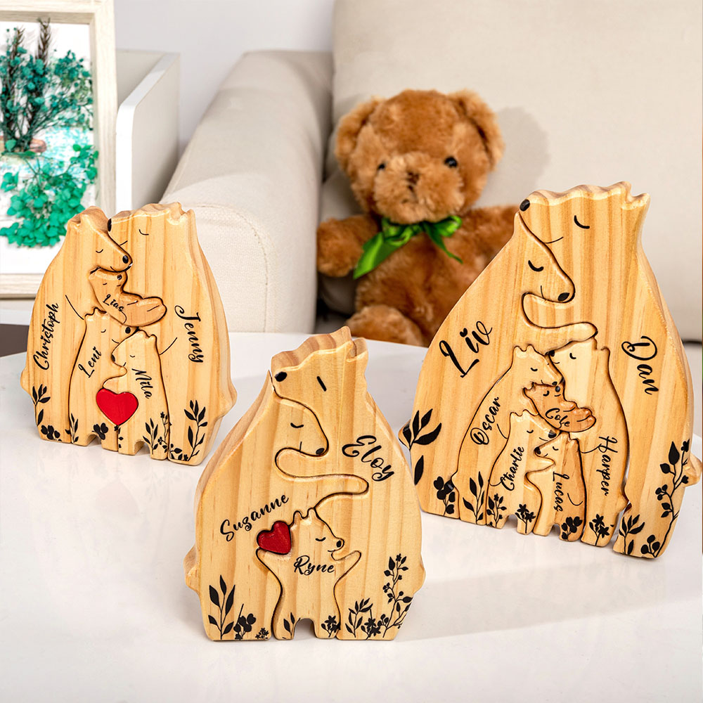 Personalisierte Bärenfamilie Holz-Puzzle – Mit 2-9 Namen, Als Tischdekoration Oder Familien-Geschenk