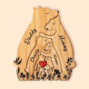 Personalised Wooden Bear Family Puzzle with 2-8 Names and Red Heart Desk Decoration Birthday Mother's Day Gift for Family