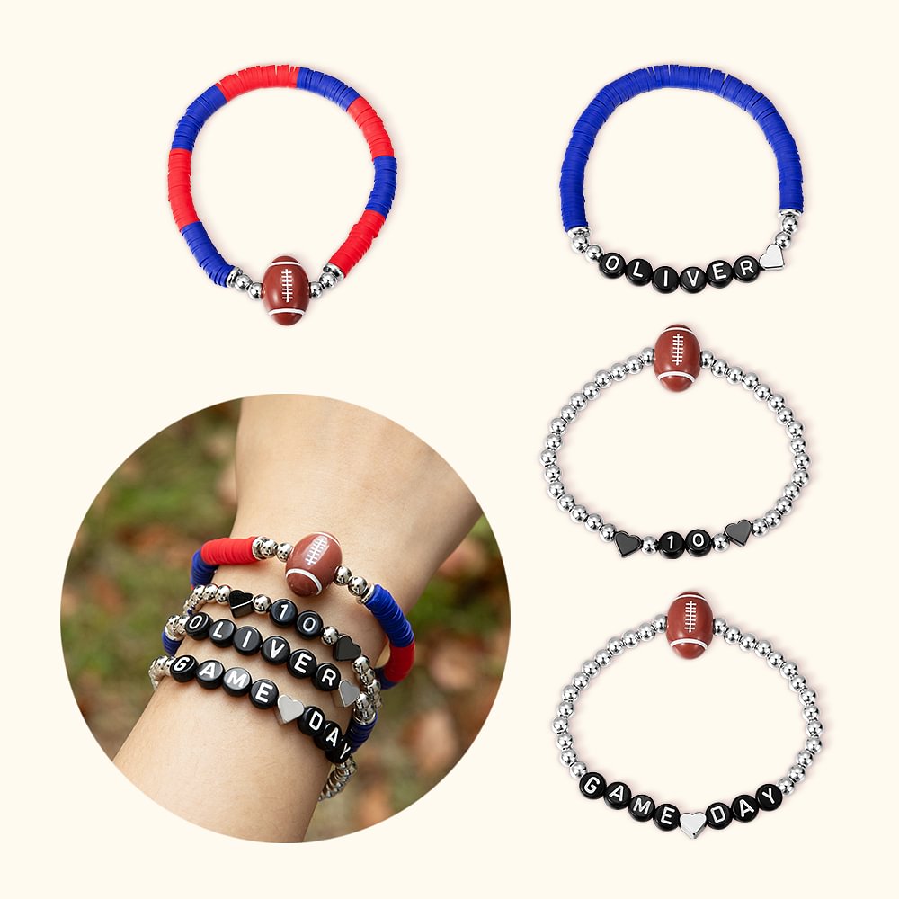 Set de 4 Pièces Bracelets Empilables Personnalisé avec Nom Bijoux d'Équipe de Football Cadeau pour les Fans de Football Maman