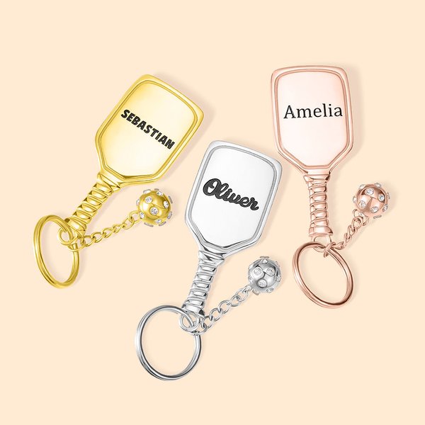 Portachiavi personalizzato con nome inciso della racchetta da pickleball in acciaio inossidabile con mini charm per pickleball Accessorio per zaino pe