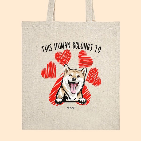 Personalisierte Dieser Mensch gehört zu niedlichen Katze Hund Tragetasche wiederverwendbare Einkaufstasche mit Herz Pfote drucken Geburtstagsgeschenk 