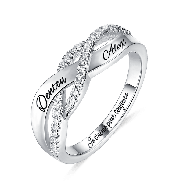Bague en Argent Sterling Forme Torsadée Anneau Personnalisé avec Double Nom Gravé Cadeau de Mariage Saint Valentin