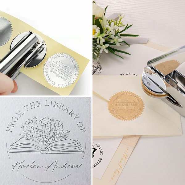 Timbro in rilievo personalizzato con nome della biblioteca regalo per natale per amanti dei libri bibliotecari club del libro