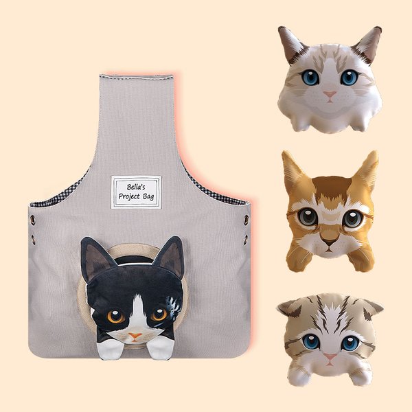 Personalised Canvas Crochet Woolen Organizer Storage Bag with Detachable Cute Cat Pocket Gift for Knitting Lover