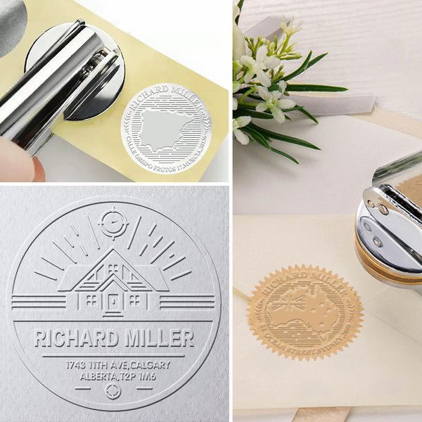 Tampon à Gaufrer Personnalisé avec Nom et Adresse Style Ex Libris Souvenir de Voyage Cadeau pour Ami Famille Voyageur