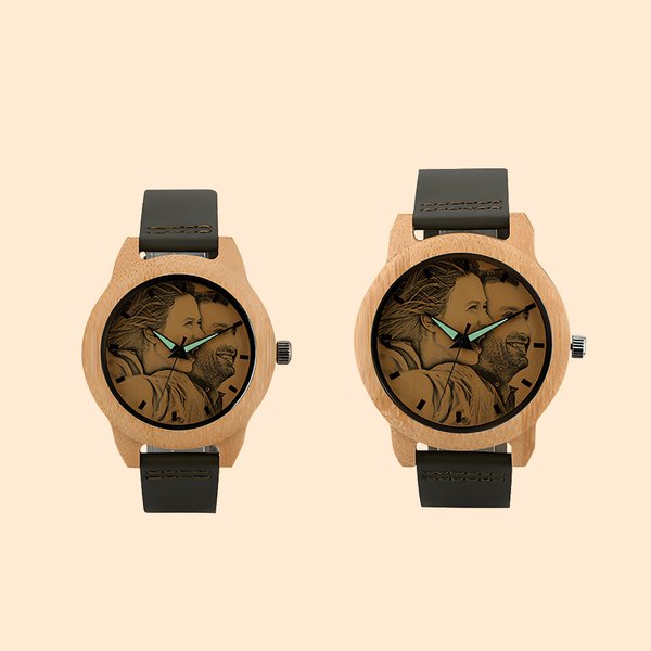 Montre en Bois de Bambou Personnalisée avec Photo et Texte Gravé Cadeau d'Anniversaire pour Femme Homme