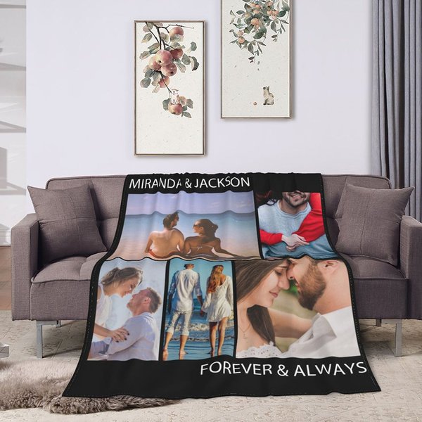 Couverture en Flanelle Personnalisée avec 5 Photos de Collage et Noms Cadeau de Souvenir St-Valentin Anniversaire pour Couple Famille