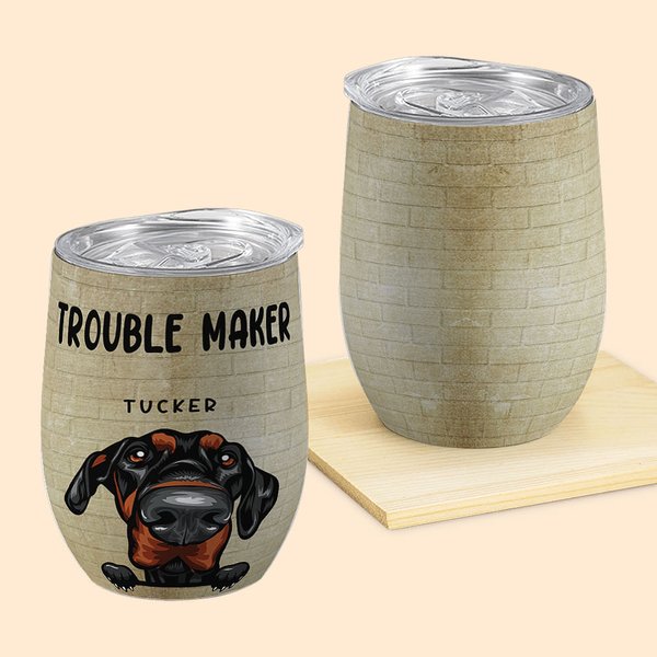 Personalized Trouble Maker Wine Tumbler with Straw 12oz Cute Pet Coffee Cup Birthday Gift for Cat Dog Lover