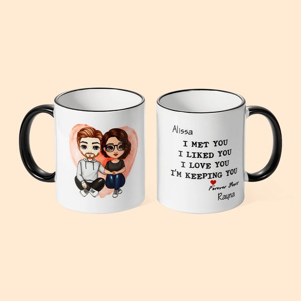 Mug Poignée Noire Personnalisé avec Dessin et Noms Cadeau d'Anniversaire Saint-Valentin pour Couple