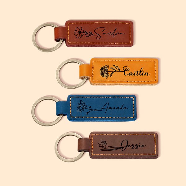 Porte-clés en Cuir Personnalisé avec Nom et Fleur de Naissance Cadeau d'Anniversaire et de Mariage pour Elle