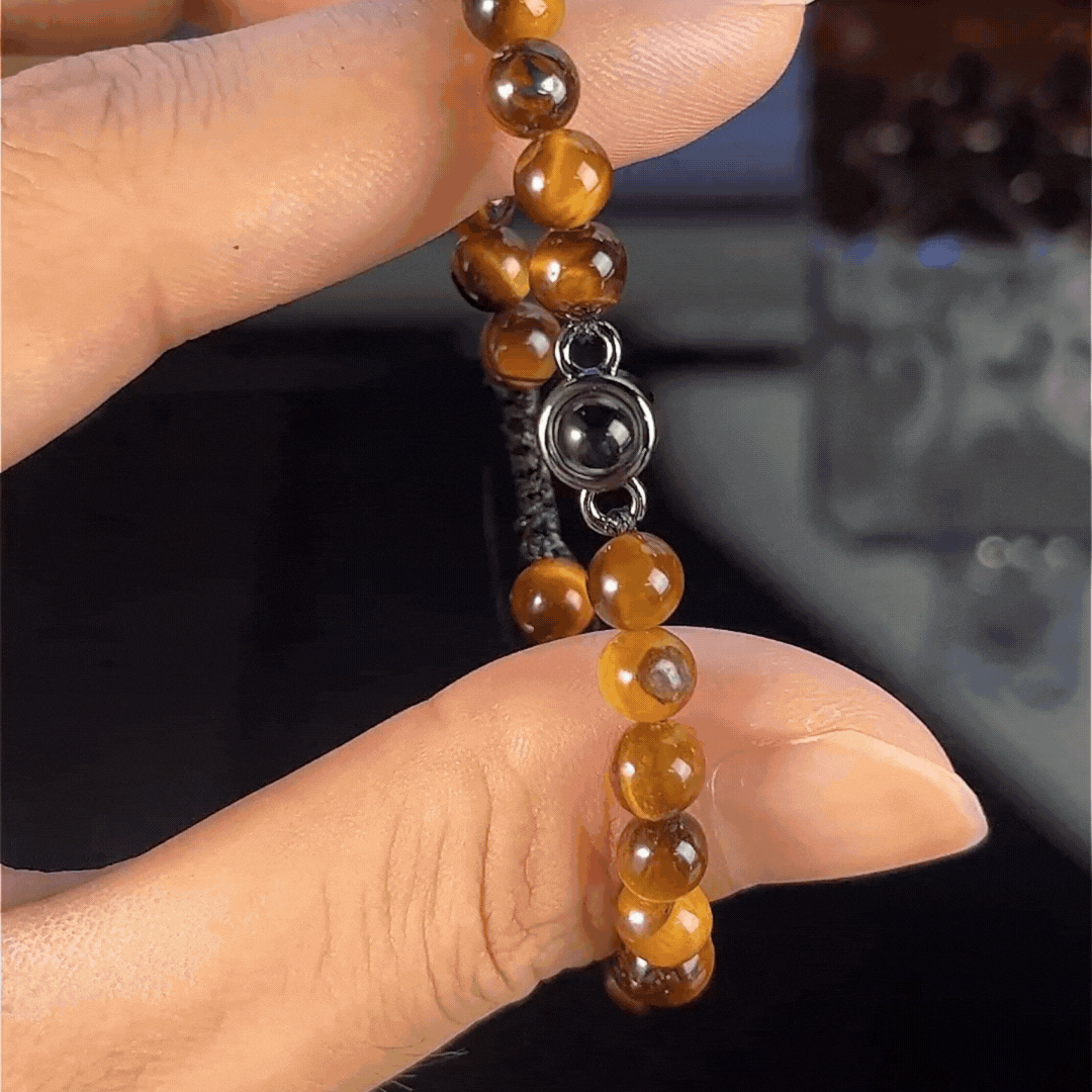 Personligt tigeröga sten för män Fotoprojektionspärlor Elastiskt armband för män Present till pojkvän make man pappa