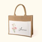 Sac de Plage en Lin Personnalisé avec Nom et Fleur de Naissance Cadeau Anniversaire Mariage pour Femme