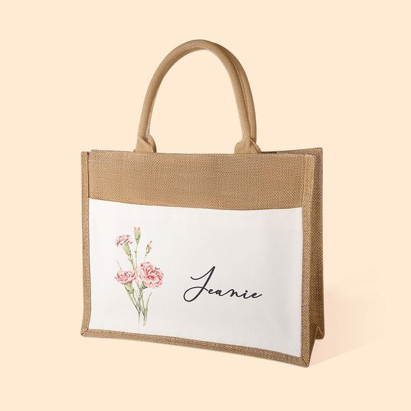 Sac de Plage en Lin Personnalisé avec Nom et Fleur de Naissance Cadeau Anniversaire Mariage pour Femme