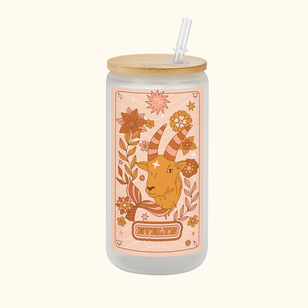 Verre rétro personnalisé en verre givré avec couvercle en bambou et paille Cadeau d'anniversaire en astrologie pour la famille et les amis