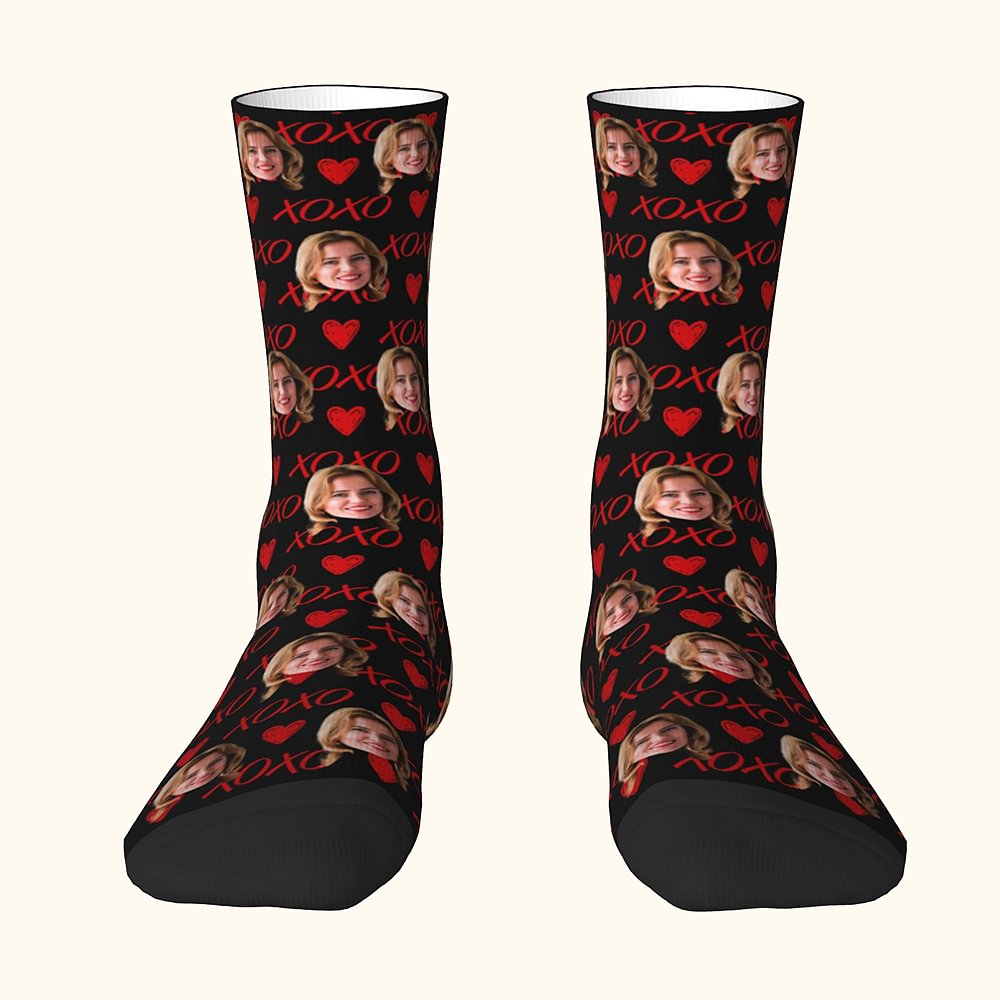 Chaussettes Comfortables Personnalisées avec Photo de Face en Motifs XOXO Cadeau d'Anniversaire Saint-Valentin pour Couple