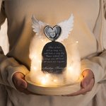 Ornement de bureau personnalisé en forme d'ailes d'ange avec lumières féeriques et plaque de granit gravée Cadeau de sympathie pour la perte d'un être