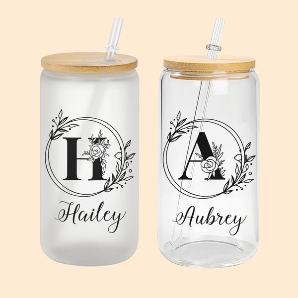Personalisierte Blume Initial 20oz Glasbecher mit Bambusdeckel und Stroh Geburtstag Hochzeit Geschenk für sie