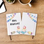 Personalised A5 Rainbow Glitter Bunting Leather Teacher Journal Notebook with Name Thank You Gift for Teacher