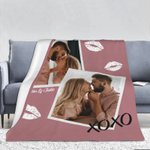 Personalised XOXO Lip Print Photo Collage Sherpa Fleece Blanket with Couple Names Valentine's Day Anniversary Gift for Couple