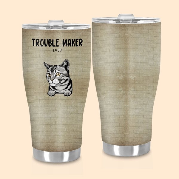 Gepersonaliseerde Trouble Maker 30oz gebogen Tumbler Schattige Kat Hond Geïsoleerd Koffie Kopje Gift voor Huisdier Liefhebber Eigenaar