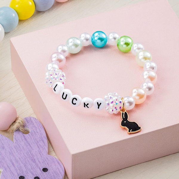 Personalised Cute Pearl Beaded Stretch Name Bracelet with Bunny Charm Easter Birthday Gift for Kids