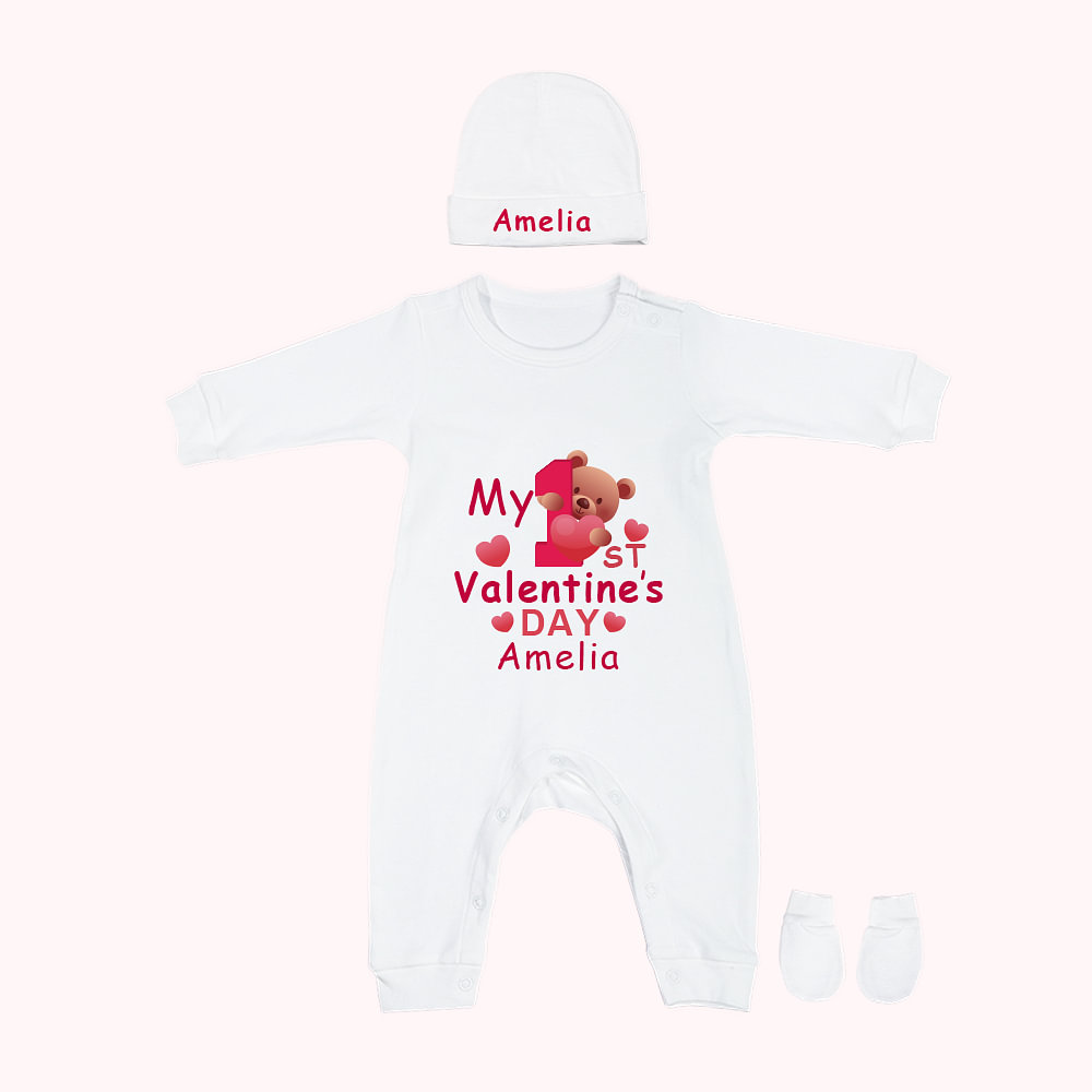 Body de bébé en coton à manches longues avec ourson et prénom personnalisé My 1st Valentine's Day Cadeau de la Saint-Valentin pour bébé