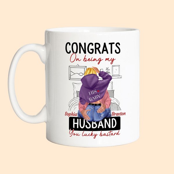 Personalized Bed Ceramic Mug with Name Congrats On Being My Husband You Lucky Bastard Valentine's Day Gift for Couple