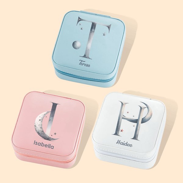Personalisierte Sterne Mond Wasserdichtes Leder Schmuckkästchen mit Initialen und Namen Hochzeitstag Geschenk für Sie