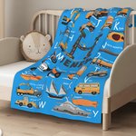 Personalised Transportation Vehicle Kid Blanket with Initial and Name Educational Alphabet Home Decoration Birthday Gift for Kid Boy