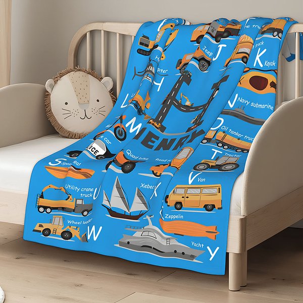 Transportation Kid Blanket with Initial & Name, Alphabet Decoration