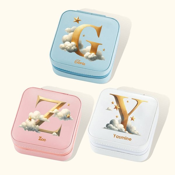 Personalisierte Sterne Wolke Wasser Beweis Lederschmuck Box mit Gold Initial und Name Hochzeit Jahrestag Geschenk für Frauen Mädchen