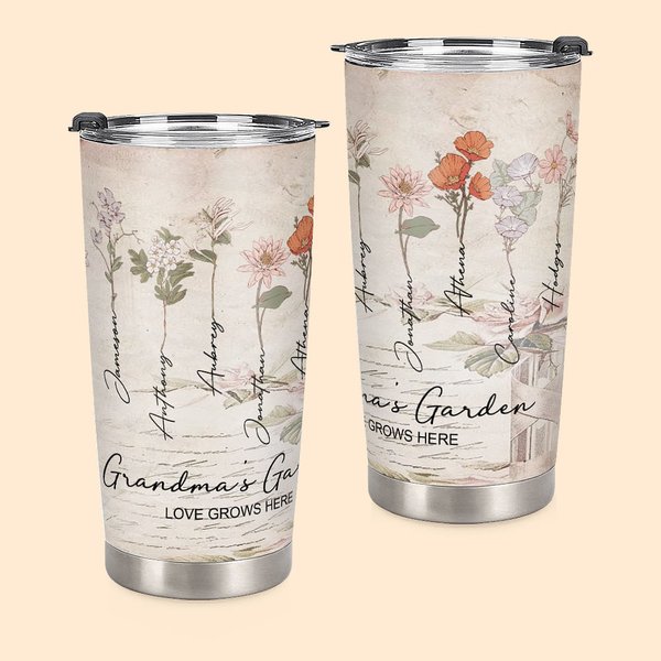 Personalized Grandma's Garden Love Grows Here 20oz Tumbler with 1-15 Family Names and Birth Flowers Gift for Grandma Mother