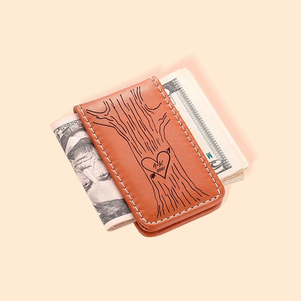 Personalised Leather Magnetic Love Tree Money Clip with Engraved Initials and Year Anniversary Valentine's Day Gift for Men