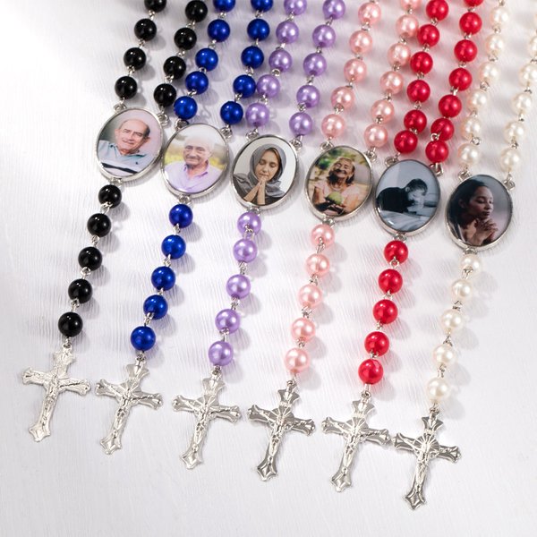 Personalized Catholic Rosary Necklace, Photo Cross Pendant Necklace Loss Gifts