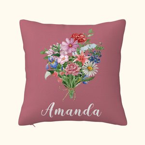 Acuarela de la familia personalizada del nacimiento del ramo de flores Funda de almohada Día de la Madre Cumpleaños Regalo para Mujeres Niñas