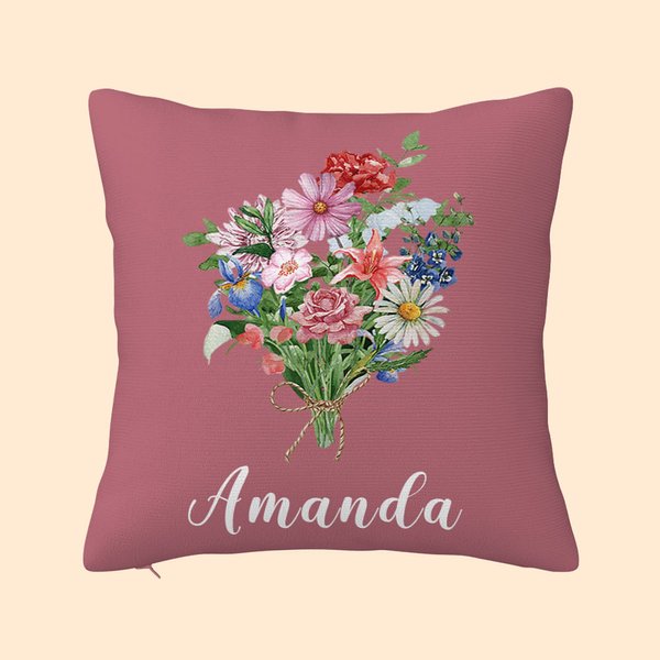Family Watercolor Birth Flower Bouquet Throw Pillow Cover