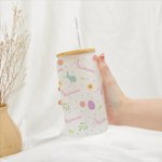 Verre avec Couvercle en Bambou et Paille Motif Pâques Bouteille Personnalisée avec Nom Cadeau Anniversaire Pâques pour Enfants