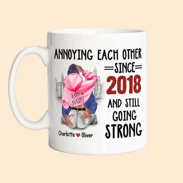 Personalized City Pattern White Ceramic Mug with Couple Names Valentine's Day Gift for Couple