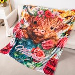 Personalized Highland Cow In a Bucket Fleece Blanket Floral Animal Name Blanket Home Decoration Christmas Birthday Gift for Highland Cow Lover