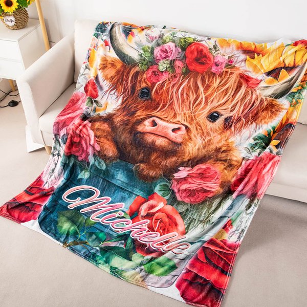 Highland Cow Bucket Fleece Blanket Floral Animal Name