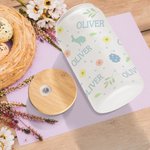Verre avec Couvercle en Bambou et Paille Motif Pâques Bouteille Personnalisée avec Nom Cadeau Anniversaire Pâques pour Enfants