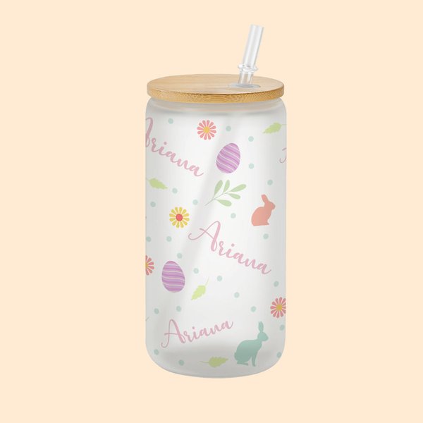 Verre avec Couvercle en Bambou et Paille Motif Pâques Bouteille Personnalisée avec Nom Cadeau Anniversaire Pâques pour Enfants