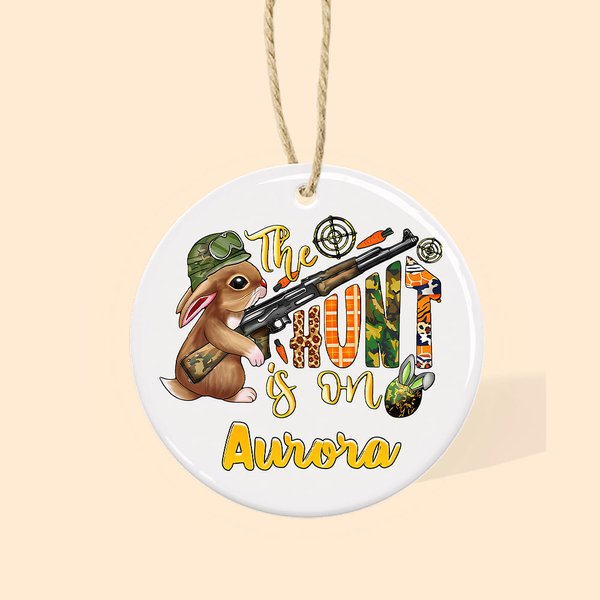 Personalized Ceramic Easter Basket Name Tag The Hunt Is On with Bunny Pattern and Name Easter Gift for Kid