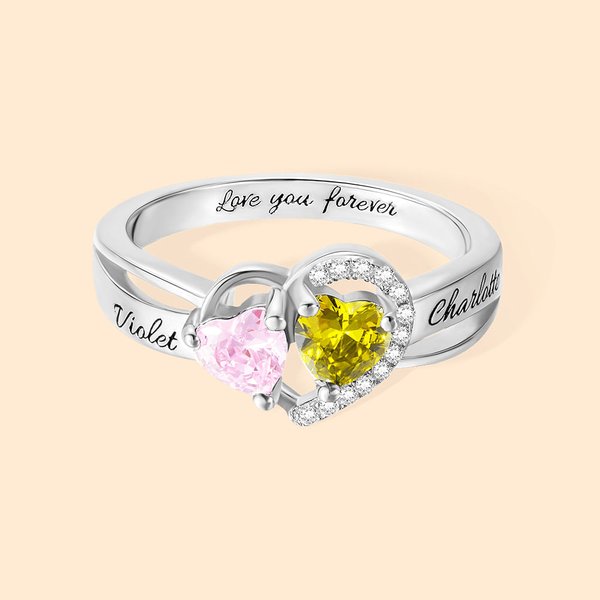 Personalized Double Heart Birthstone Promise Ring with Engraved Text Valentine's Day Gift for Her