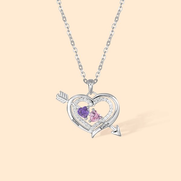 Personalized Cupid's Arrow Heart Necklace with 2 Birthstones & Names Valentine's Day Couple Gift for Women