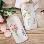 Personalized Watercolor Birth Flower 20oz Frosted Glass Tumbler Floral Coffee Cup with Bamboo Lid and Straw Birthday Gift for Women