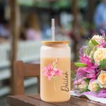 Personalized Watercolor Birth Flower 20oz Frosted Glass Tumbler Floral Coffee Cup with Bamboo Lid and Straw Birthday Gift for Women