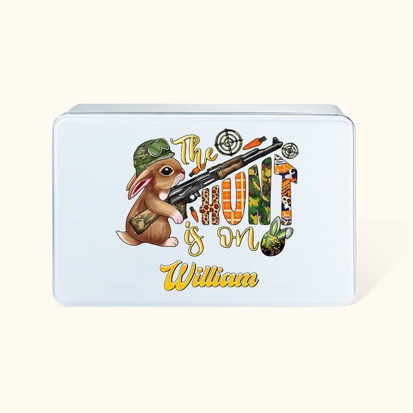 Personalizzato The Hunt Is On Easter Camouflage Bunny Scatola di biscotti in metallo alimentare con nome Regalo di Pasqua per bambini e famiglia